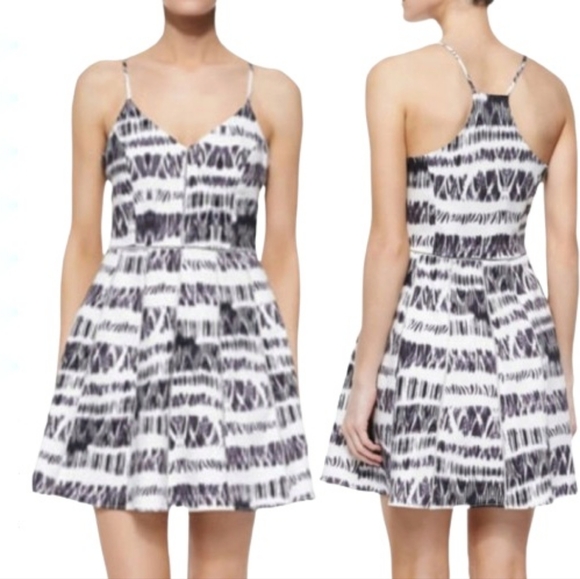 Parker Juliet Mini Dress Abstract Print Ivory Black Fit & Flare Ladder Trim - Picture 1 of 14